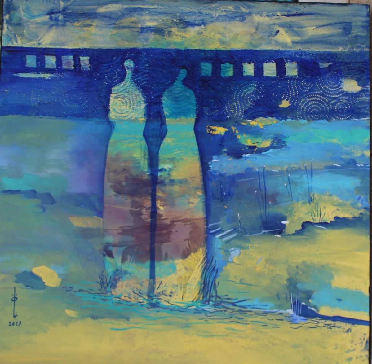 Najat Makki, Title: Untitled (بدون عنوان)  Date: 2013  Series Context: Belongs to her "Blue and Yellow" / Heritage Memory body of work, depicting stylized female figures wrapped in abayas merged with blue waters (recalling the Dubai Creek) and vibrant yellow sand tones.