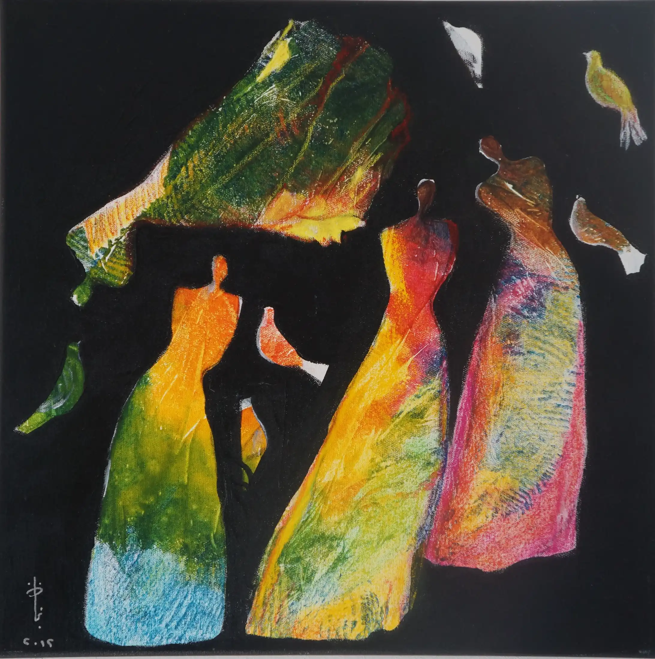 itle: Untitled (بدون عنوان)  Date: 2015  Series Context: Part of her Female Spectrum & Flying Birds series, exploring themes of presence, soaring imagination, and spiritual freedom through vivid, textured female forms against a deep dark void.