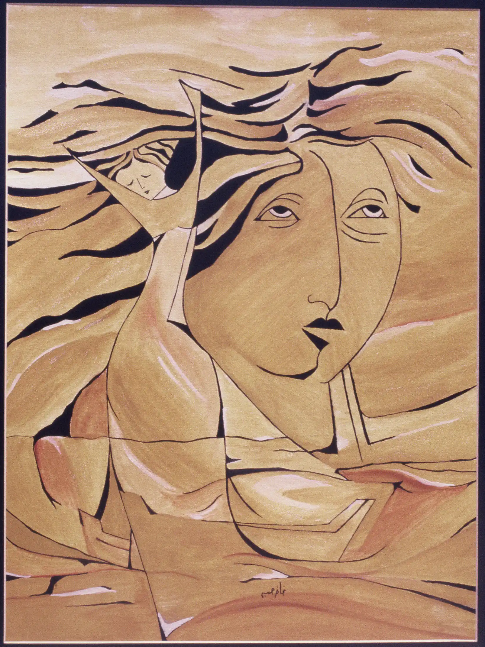 Sepia Linear Drawing:	Untitled (بدون عنوان)	Ink & Pigment on Paper	Early Graphic / Line Works: Early stylized portrait incorporating fluid hair lines, facial features, and sea motifs signed by the artist.